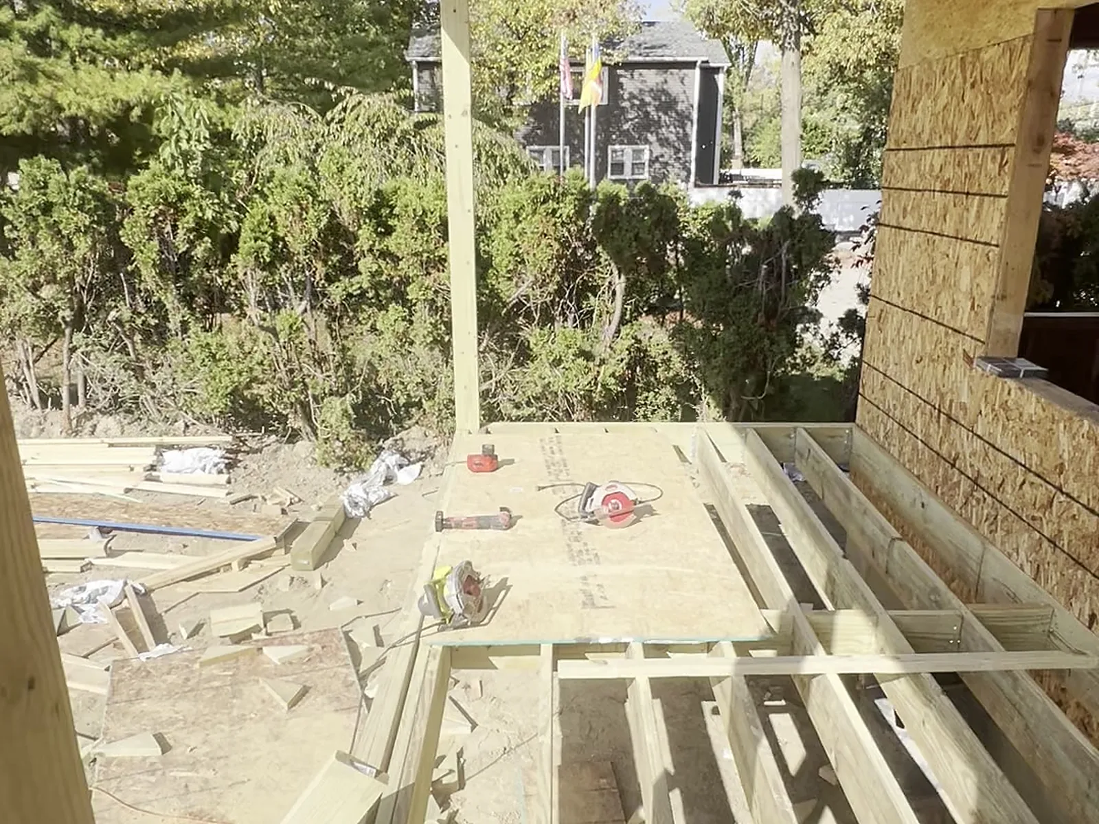 Front porch roof and deck framing on a new home, Berkley MI